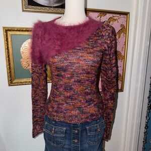 Multicolor Sweater with Fuzzy Pink Accent